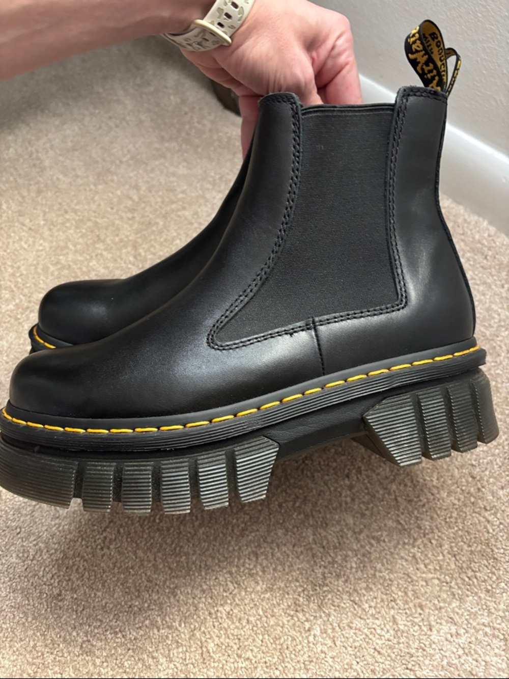 LIKE NEW Black Chelsea Lug Boot with Yellow Stitching